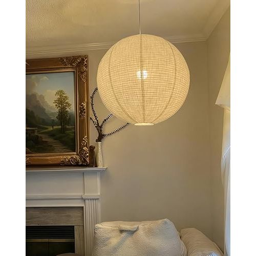 20inch Round Linen Pendant Lamp Shade Can replace White Paper Lanterns Hanging Lampshade Handmade Fabric Linen Lantern Lights Covers for Living Room Artistic Bedrooms Minimalist