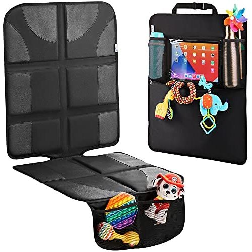 H Helteko Car Seat Protector with Thickest Padding + Backseat Car Organizer, XL Largest Car Seat Cover for Child Baby Carseat, Waterproof & Durable 600D Fabric, Kick Mat Back Seat w/Storage Pockets