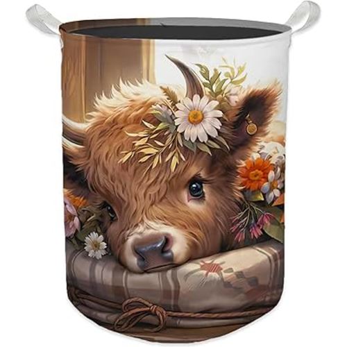Highland Cow Laundry Basket, Farmhouse Floral Western Cow Waterproof Collapsible Laundry Hamper Dirty Clothes Storage Toy Bin Organizer for Nursery Girls Kids Room Bathroom Bedroom