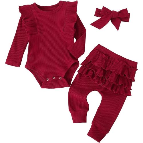 Fullfamous Baby Girl's 3pc Rib Frill Long Sleeve Romper and Pant Set
