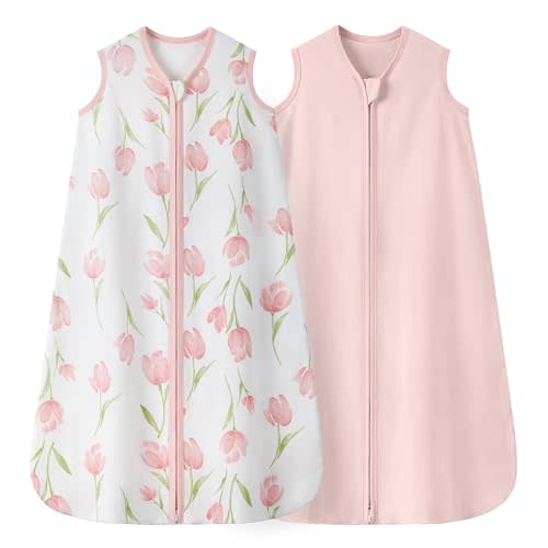 Baby Sleep Sack 12-18 Months 0.5 TOG, 100% Cotton Baby Wearable Blanket 2 Pack with 2-Way Zipper, Lightweight Sleep Bag for Boys ＆ Girls Toddler Breathable Sleeing Sack Pink Tulip