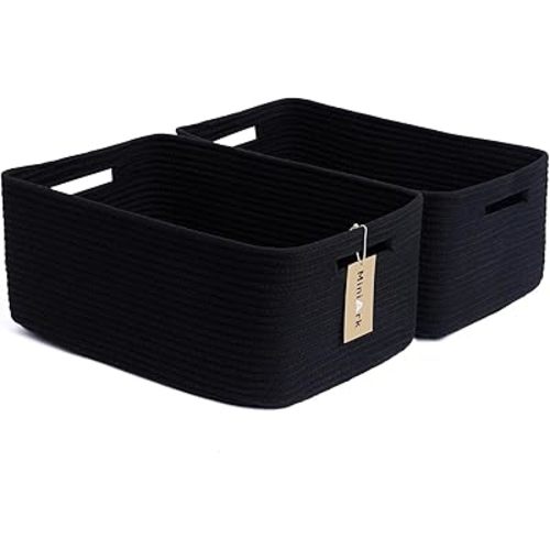 Large Storage Baskets for Shelves, Closet Organizers Bins for Clothes Blanket Towels, Baby Nursery, Toy Baskets Box, Woven Rope Baskets, 17 x 13 x 7.5”, 2 Packs Black