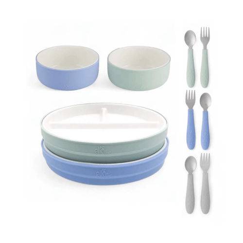 Kids Porcelain Mealtime Bundle | Normal Sleeves | 7.8" Plates, Bowls + Toddler Utensils | 10 Pcs | Sage/MistyBlue