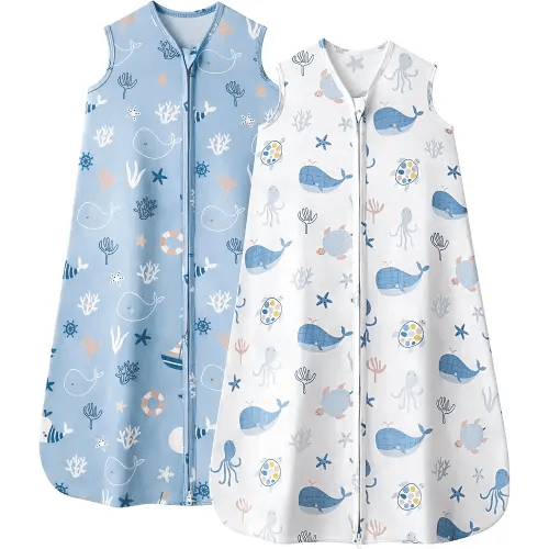 Baby Sleep Sack 0-6 Months, 0.5 TOG Wearable Blanket for Baby Boy and Girl, 2-Way Zipper Newborn and Infant Sleeping Bag 2 Pack, Lightweight Sleep Sacks Blue Whale（Small）