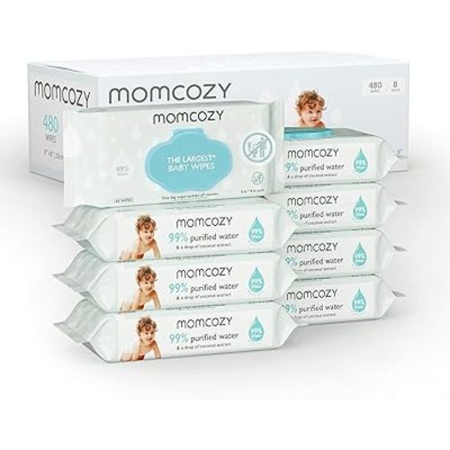 Momcozy Water Baby Wipes-Extra Large Size Design, 99% Water Based Wipes, Unscented & Hypoallergenic, Cleansing & Moisturizing Baby Wipes for Sensitive Skin, 8 Flip-Top Packs (480 Wipes Total)