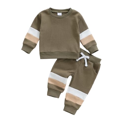 Sejardin Toddler Baby Boy Waffle Clothes Contrast Color Fall Winter Outfit Long Sleeve Sweatshirt and Stretch Pants 2Pcs Set