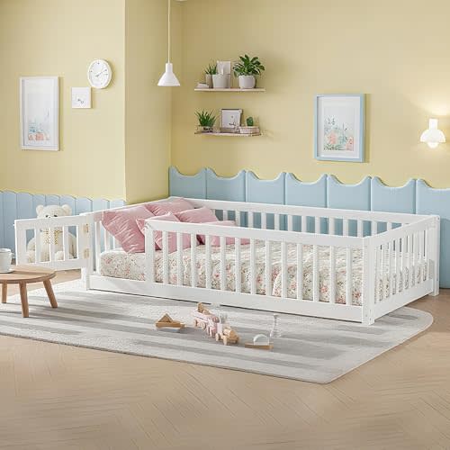 Bellemave Montessori Twin Floor Bed Frame with Fence and Removable Door, Low Profile Twin Size Montessori Bed Frame for Kids, Solid Wooden Floor Beds for Bedroom,Nursery, White