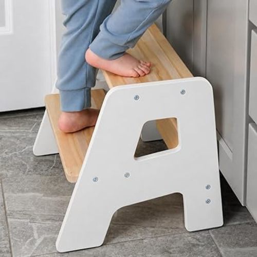 2-Step Wooden Toddler Step Stool for Bathroom Sink & Kitchen Use - White