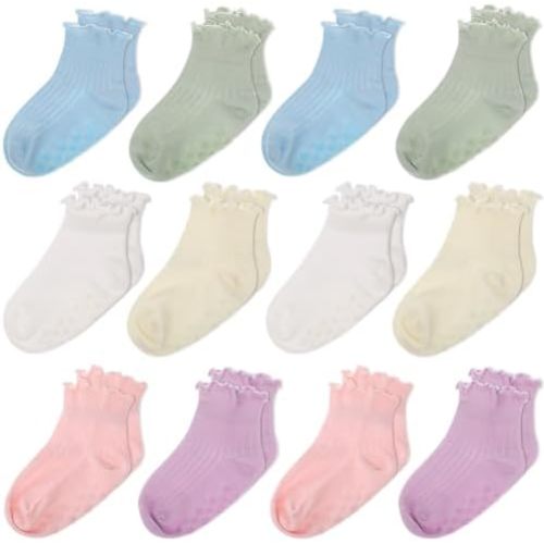 Jeyiour 12 Pairs Toddler Ruffle Grip Socks Baby Newborn Gift Girls Cotton Non-Slip Frilly Anti-Skid Cute Socks 0-24 Months