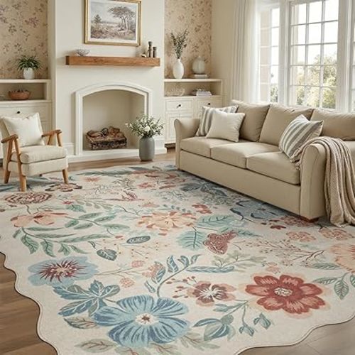DCX Beige Floral Rug, 4x6 Area Rug Washable Vintage Carpet, Soft Non Slip Stain Resistant, Scalloped Beige Rugs for Living Room, Bedroom, Dining Room, Home Office