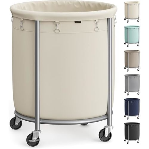 SONGMICS 50.2-Gallon (190 L) Laundry Basket with Wheels, Rolling Round Heavy-Duty Laundry Hamper Cart with Steel Frame and Removable Bag, 2 Locking Wheels, Cream White and Metallic Silver URLS01MZ