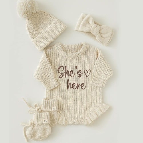 She’s here Embroidered Romper, Christmas Baby Romper, Gender Reveal Announcement, It's a Girl, Newborn Arrival, Baby Shower Gift