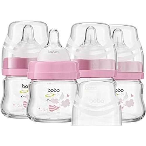 YOHKOH Glass Baby Bottles with Slow Flow Nipple, Newborn Anti-Colic Baby Bottles for 0+ Months, Wide Neck Feeding Bottle, Clear (Red, 2.7oz (Pack of 4))
