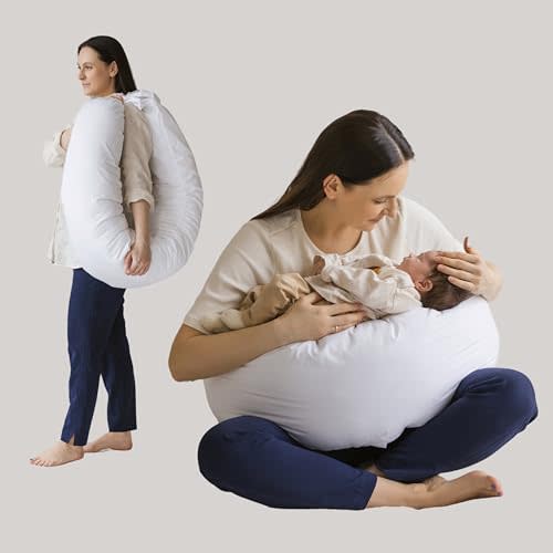 First Organic Cotton Pregnancy Pillow for Sleeping & Baby Feeding made with Natural Kapok Filling – Cooling Nursing & Comfort Pillow for Maternity Support & Side Sleepers – Removable Cover Included!