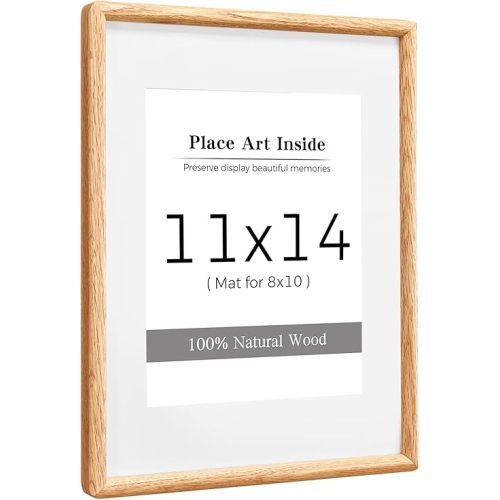 11x14 Oak Wood Picture Frame with Mat for 8x10, Solid Wood Frame with Tempered Glass - Wall Mount - Modern Design for Home & Office Decoration