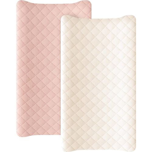 Konssy Waterproof Muslin Changing Pad Cover 2 Pack, Quilted Cotton Fitted Diaper Chang Table Cover, Soft Changing Pad Sheets for Girls Boys (Pink, Cream)