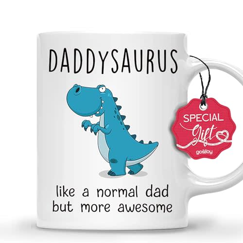 Gossby DADDYSAURUS Coffee Mug for Dad - Funny Gifts for Dad from Daughter, Son, Kid - 11oz T-rex Daddy Mug - Fathers Day, Christmas, Birthday Gift for Father, Step Daddy - Husband Gift from Wife