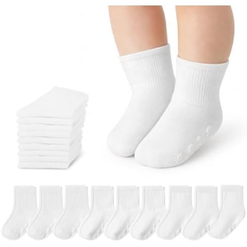 9 Pairs Baby Toddler Socks Crew Sock Ruffle Dress Non Slip Grip Cute Cotton for Infant Newborn Boys Girls White