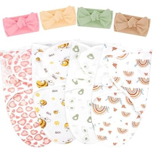 4 Pack Preemie Swaddle Blankets with Headband, Cute, 0-3