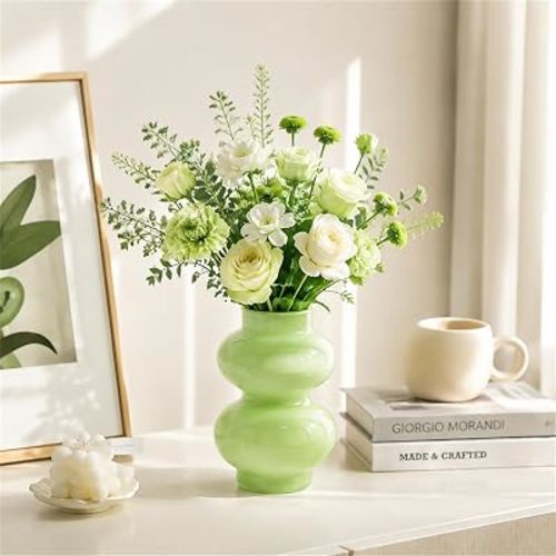 JSPYFITS Glass Hydroponic Flower Vase, Double Balls Colored Glasses Bubble Vases for Flower, 7 Inches Glass Funky Vase for Home/Office/Weddings/Party Table Flower Décor (Milky Green)