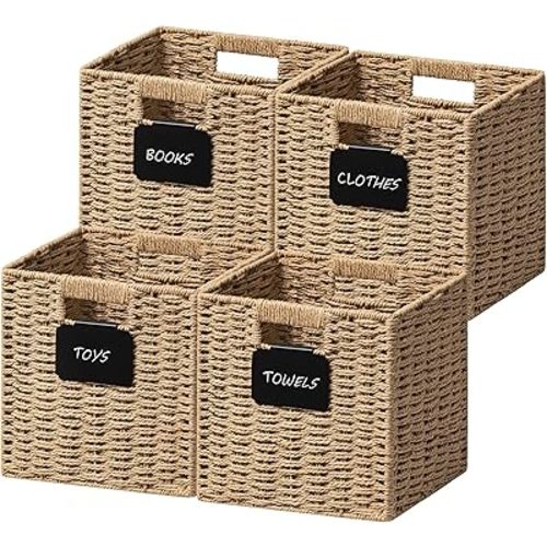 UBBCARE 4 Pack Small Wicker Basket, 9×9 Storage Cubes with Label, Foldable Cube Storage Bin with Handle, Square Storage Basket for Shelves, Woven Paper Rope Basket for Organizing, Brown
