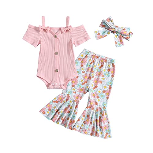 Fernvia Infant Baby Girl Clothes Suspenders Short Sleeve Ribbed Romper Flared Pants Set Headband 3pcs Summer Outfit
