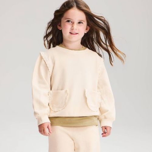 Toddler Girls' French Terry Ruffle Pockets Crewneck Sweatshirt - Cat & Jack™ Cream 18M