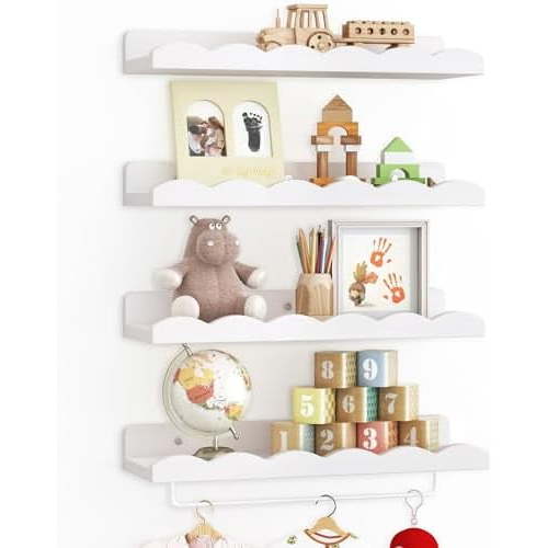 Nursery Shelves, 16.5 Inch Floating Bookshelves for Wall Set of 4, Scalloped Wall Book Shelves with Towel Rack for Kids, Toddler Room, Baby Room, Nursery Decor and Storage(White)