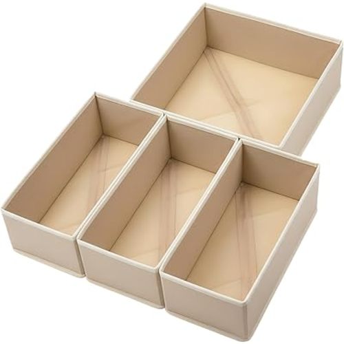 Drawer Organizer Set of 4 Khaki - Fabric Storage Bins for Clothes, Underwear, Socks & Bras - 11" Dresser Dividers for Bedroom Closet