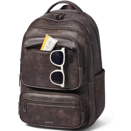 LATMAP 43L Backpack Purse For Women Men Leather Shoulder Diaper Bookbag Tote 17 16 15.6 Inch Laptop Bag Handbags For Travel Work College Large Coffee Color