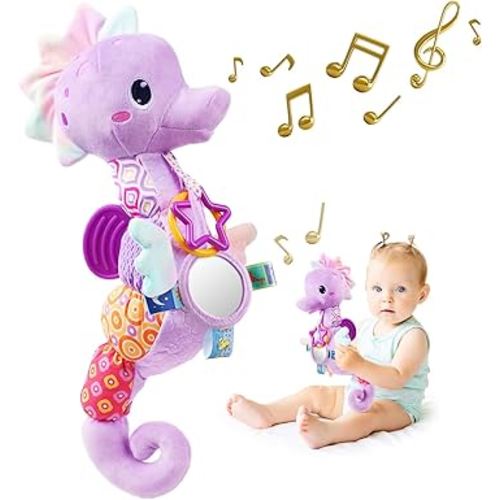 Sumobaby Infant Baby Musical Stuffed Animal Activity Soft Toys with Multi-Sensory Crinkle, Rattle and Textures, for Tummy Time Newborn 0-3-6-12 Months Girls,Seahorses - Purple with Baby Mirror
