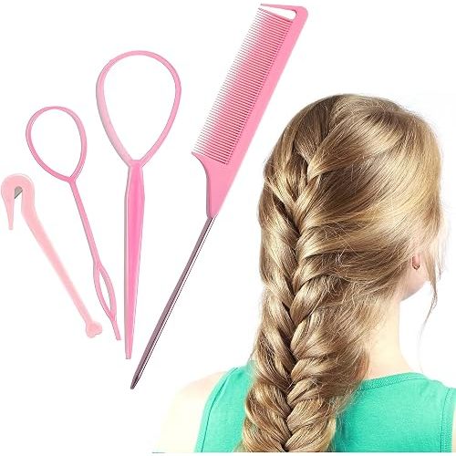 4Pcs Topsy Tail Hair Tool Hair Looping Tool Braiding with Rat Tail Comb, Ponytail Loop Hairs Bands Remover Cutter Fast Hairs Styling Accessories