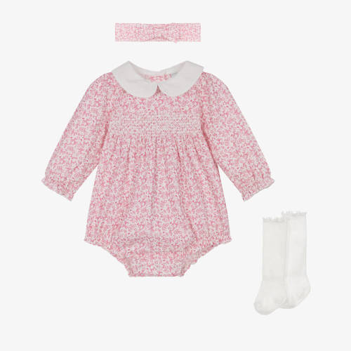 Little Me - Baby Girls Pink Floral Needlecord Shortie Set with Smocking | Childrensalon