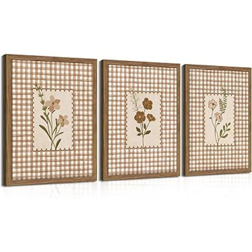 Framed Vintage Floral Wall Art Set of 3, Neutral Wildflower Botanical Canvas Wall Decor Paintings, Cottagecore Gingham Flower Posters Prints Pictures for Living Room Bedroom Bathroom 12x16 Inch