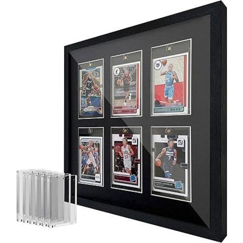 iRahmen Trading Card Display Case - Tempered Glass Cover and Wooden Frame, Wall Mount and Tabletop Sports Card Display Frame Hold 6 Cards for Baseball Pokemon Baseball Basketball Football Hockey