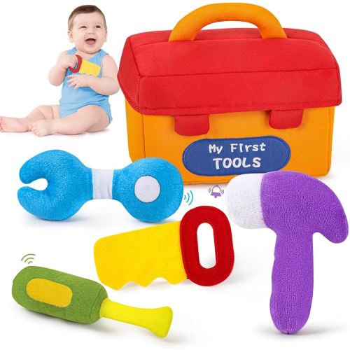 KMUYSL Baby Toys 0-6-12 Months, My First Tools Plush Toys -4 Pcs Sensory Playset Soft Toys with Squeaker Crinkle for 0-6-9-12 Months Newborn Infant, Birthday Christmas Gifts for Boys Girls