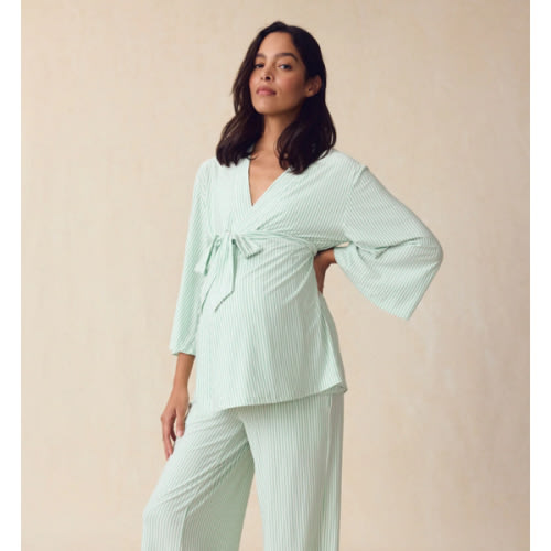 LAKE | Women | DreamModal™ Pajamas | Parisian Green Pencil Stripe Maternity Kimono Bundle