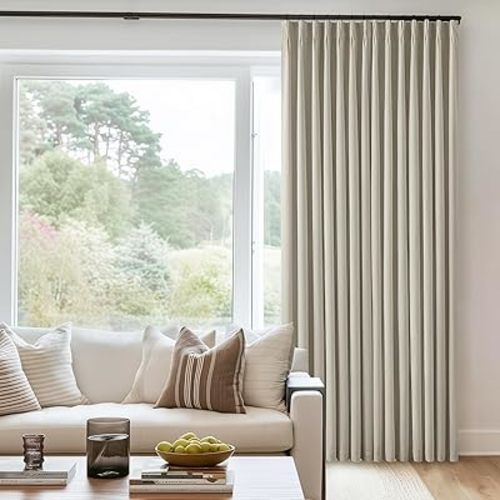Oatmeal Pleated Linen 100% Blackout Curtains 90 Inches Long for Bedroom