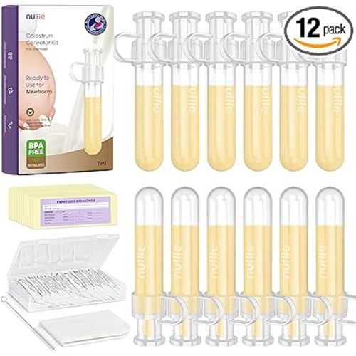 Nuliie Colostrum Collector Kit 7ml/12pcs, Leakproof, Reusable Breast Milk Collector, Heat & Freezer Resistant, BPA-Free, With Cotton Cloth Wipe, Storage Case, Cleaning Brush -Ready-to-Use for Newborns