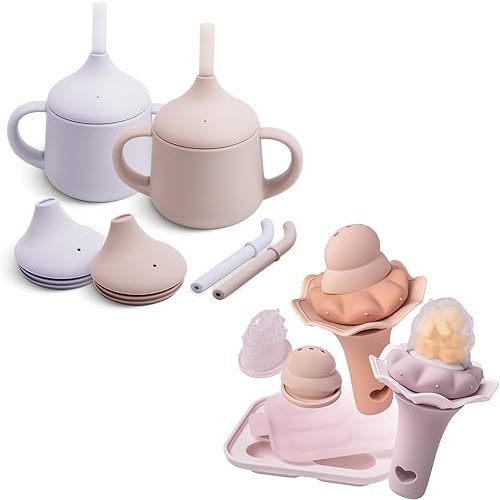 Moonkie Silicone Baby Sippy Cups 2-Pack & Baby Fruit Feeder with Freezer Tray 2-Pack | 3-Stage Training Cup, BPA-Free Silicone, Fun Rattle Handle, Pouches & Popsicle Molds for Infants 4 Months+ | Dish