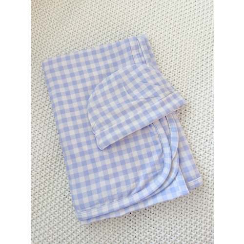 Bamboo Baby Swaddle Blanket & Hat in Blue Gingham