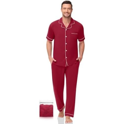 Men Pajamas Set Two Pieces Short Sleeve Sleepwear Button Down Loungewear Set Soft Modal Pj Set with Pockets
