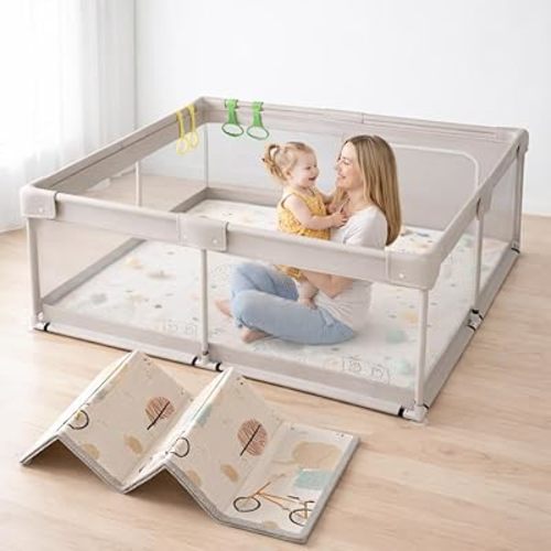 mloong Baby Playpen with Mat, 59x59x27 Inches Extra Large Play Yard for Babies and Toddlers, Indoor & Outdoor Activity Center Play Pens, Safety Baby Fence