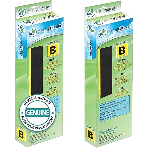 GermGuardian Filter B HEPA Pure Genuine Air Purifier Filter, Removes 99.97% of Pollutants, Wildfire Smoke, Odors, for AC4825, AC4300, AC4900, AC4825, AC4850, CDAP4500, 2-Pack, Black/Yellow, FLT48252PK