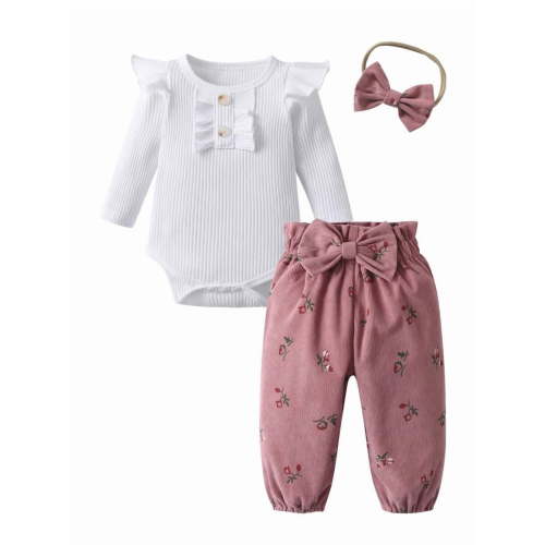 Newborn Baby Girl Clothes Long Sleeve Ruffle Romper Floral Print Pants Set 3PCS Pink 3-6 Months