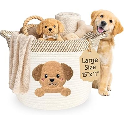 Golden Retriever/Labrador Dog Toy Basket, 15x11 Inch Woven Cotton Rope Storage Bin with Puppy Patch, Large Pet Organizer for Toys, Blankets, Leashes, Living Room Decor (Beige/White)
