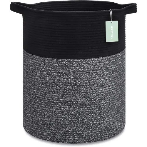 BOSROTY Large Laundry Hamper for Girls Boys Kids 72L, Nursery Hamper, Tall Laundry Basket, Cotton Rope Woven Blanket Basket for Storage Toys Clothes Towels, 16”x 22”, Black & Gray