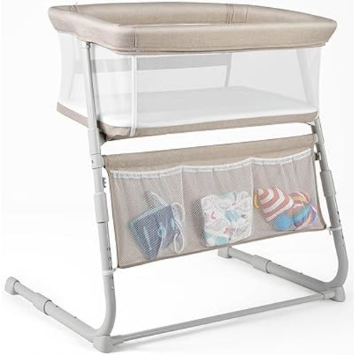 Cowiewie Bassinet Bedside Sleeper,Baby Bassinet Slides Over Bed,5-Position Height Adjustment & Breathable All-Mesh Wall Bedside Bassinet for Baby,Space-Saving Bedside Crib, Height(37.4-41.3"), Beige