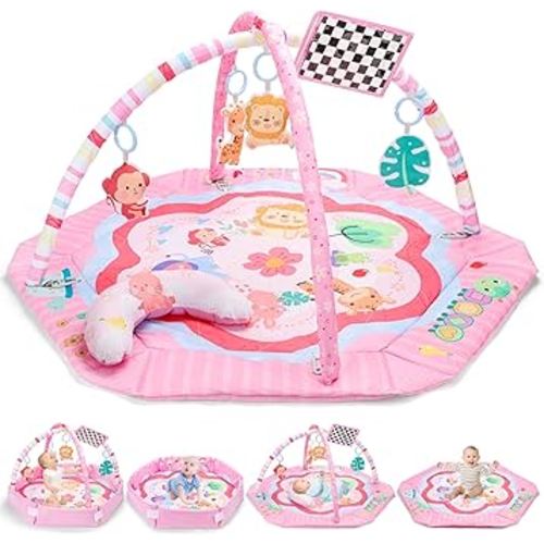 deAO Baby Gym Play Mat Tummy Time Mat Baby Activity Mat with Hanging Sensory Toys Motor Development Playmat, Washable Playmat Ball Pit Soft Pillow Babies Gift for Infant 0-3-6-12 Months