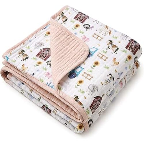 Breling Farm Animal Muslin Baby Blankets for Girls Boys, 100% Cotton Crib Blanket for Infant Toddler, 40 x 36 Inch Soft and Lightweight Nursery Swaddling Wrap